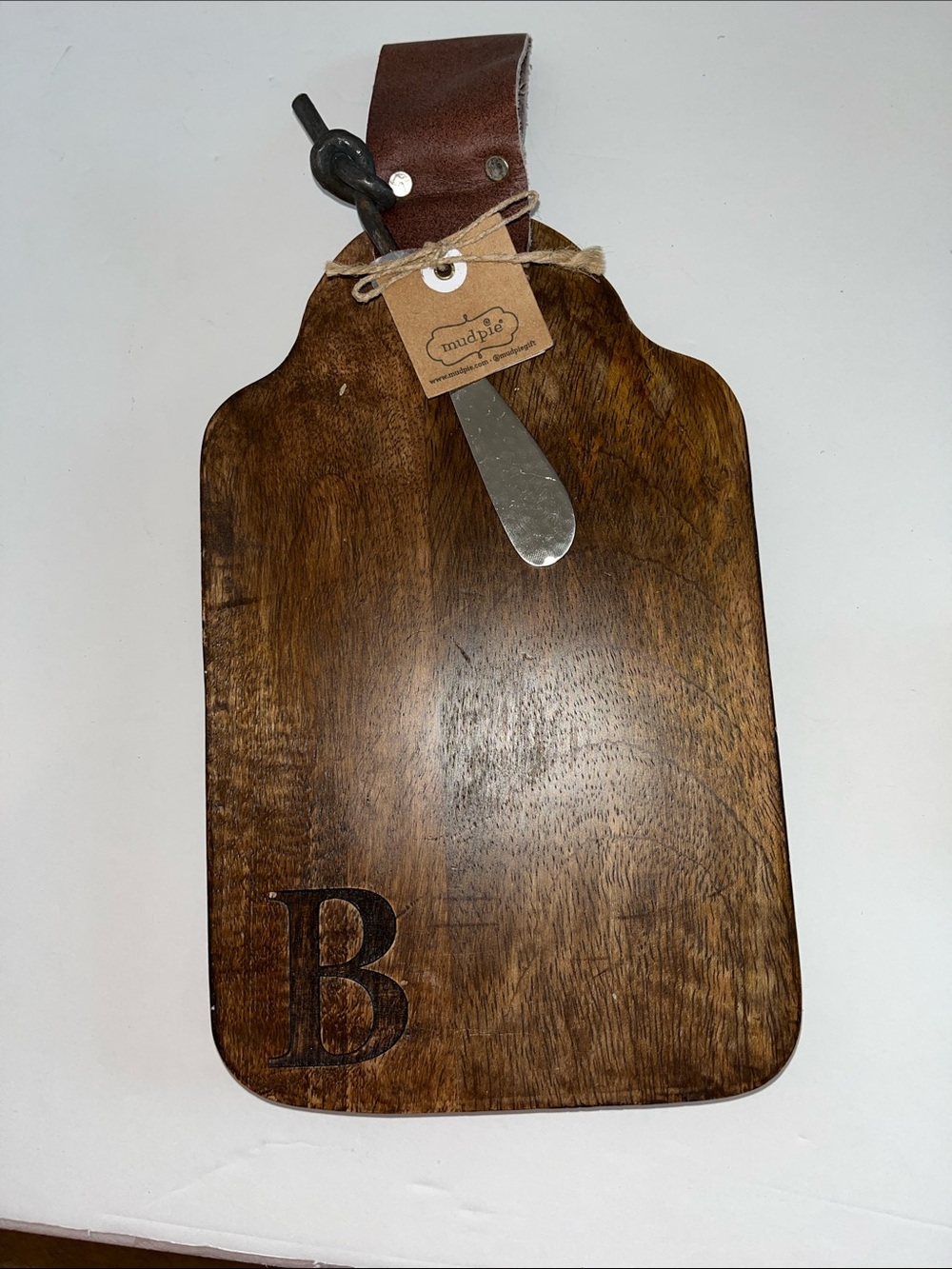 Mud Pie Brown Wood Serving Board with Leather Strap and Spreader